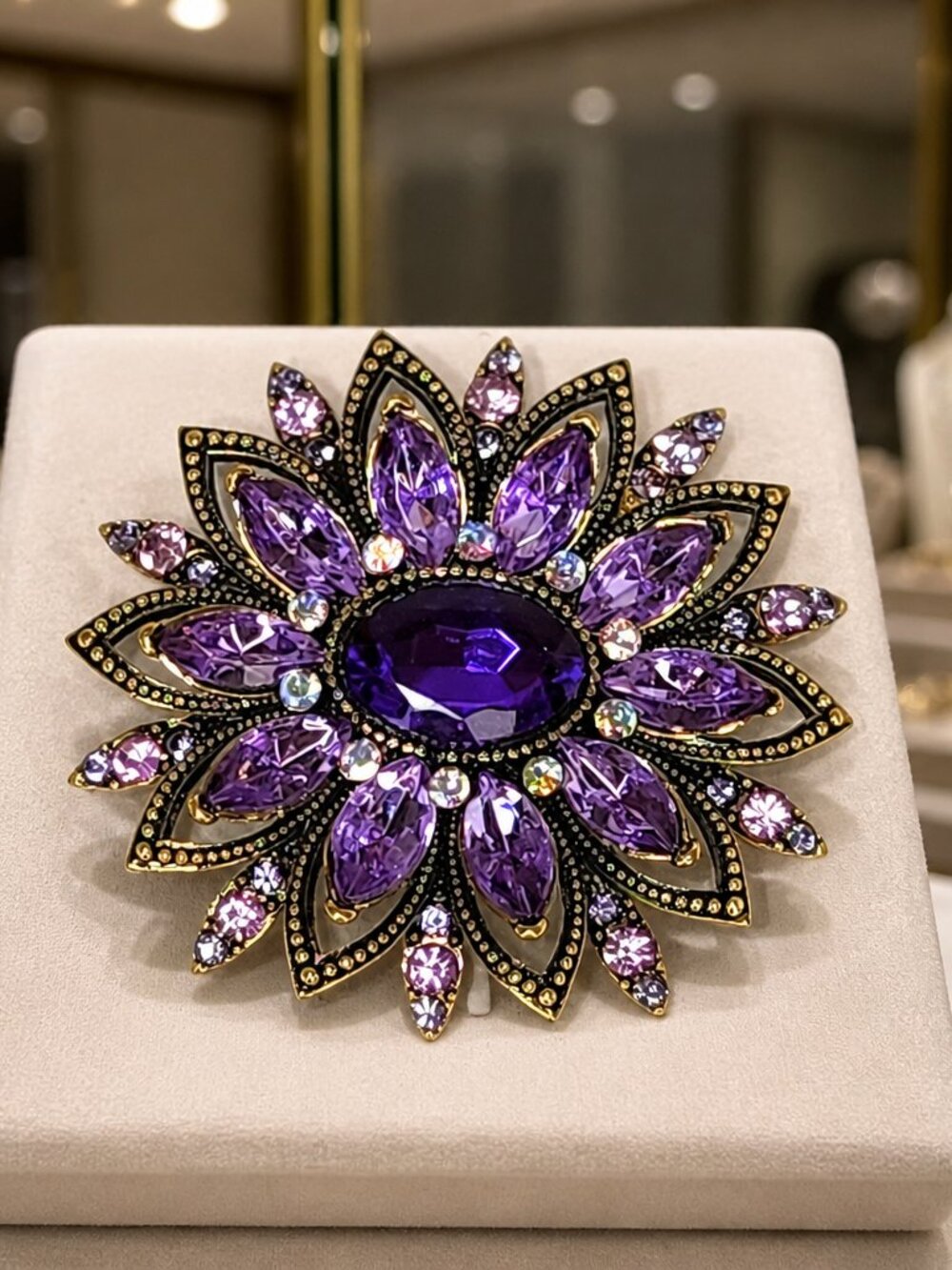 Antiqued Gold-tone Purple Crystal Flower Brooch